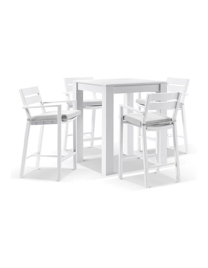 Santorini Outdoor Aluminium Square Bar Table White With 4 stools & Textured Grey Cushions image 1