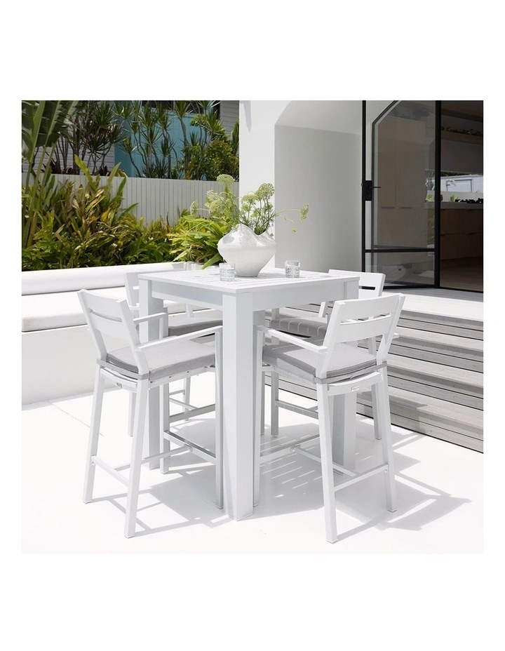 Santorini Outdoor Aluminium Square Bar Table White With 4 stools & Textured Grey Cushions image 3