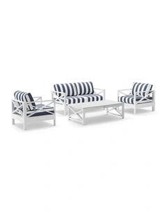 Kansas 2 1 1 seater Outdoor Aluminium Lounge Set White With Coffee Table & Navy Stripe Cushions