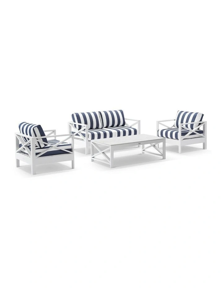 Kansas 2 1 1 seater Outdoor Aluminium Lounge Set White With Coffee Table & Navy Stripe Cushions image 1