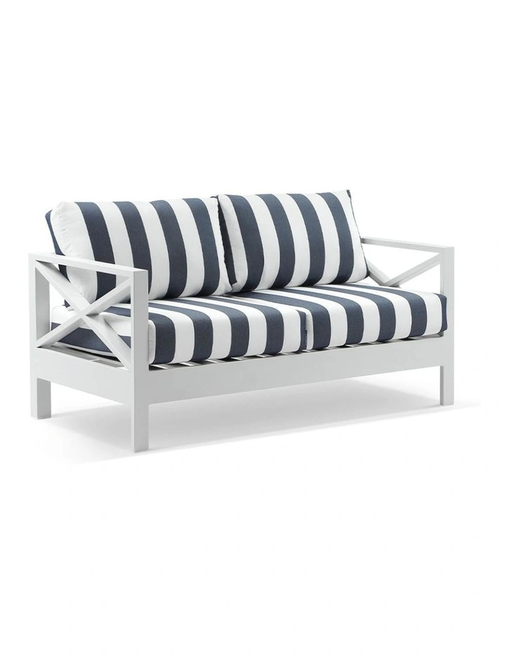 Kansas 2 1 1 seater Outdoor Aluminium Lounge Set White With Coffee Table & Navy Stripe Cushions image 2