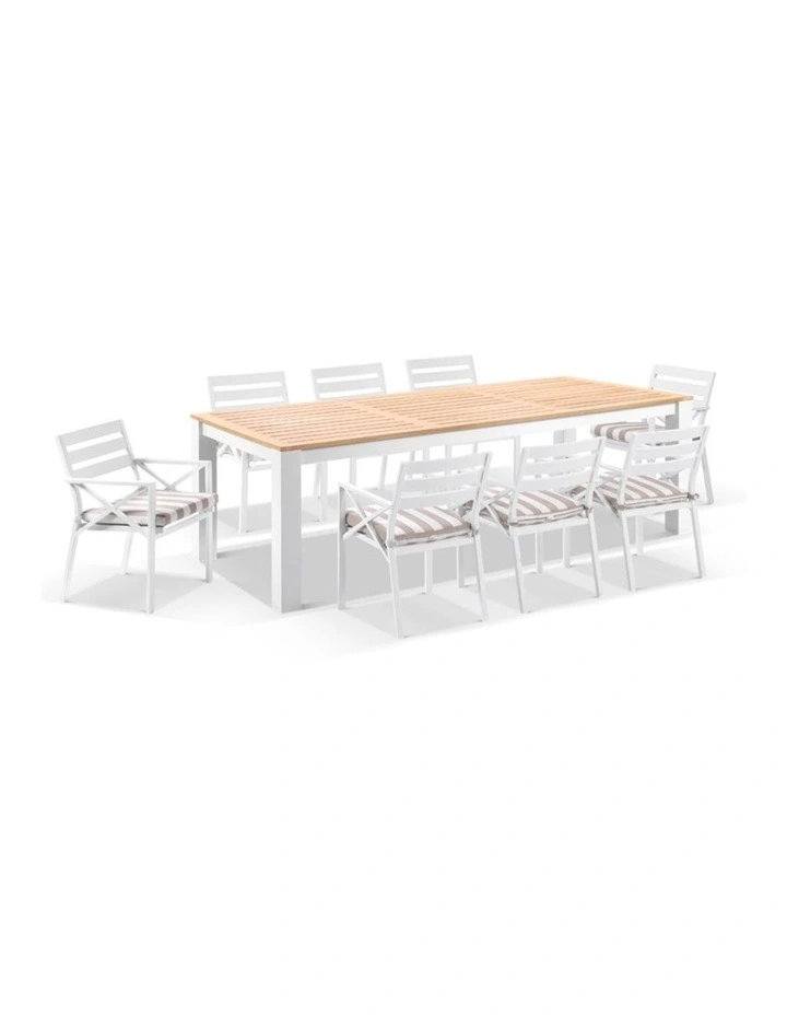 Balmoral 2.5m Teak Top Aluminium Table White With 8 Kansas Dining Chairs & Heather Beige Cushions image 1