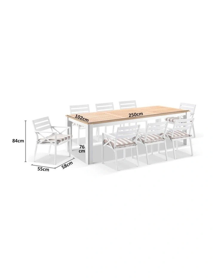 Balmoral 2.5m Teak Top Aluminium Table White With 8 Kansas Dining Chairs & Heather Beige Cushions image 4