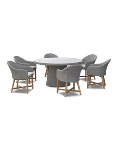 Plantation 6 Seater Dining Table Brushed Grey With Coastal Outdoor Wicker Chairs & Denim Cushions