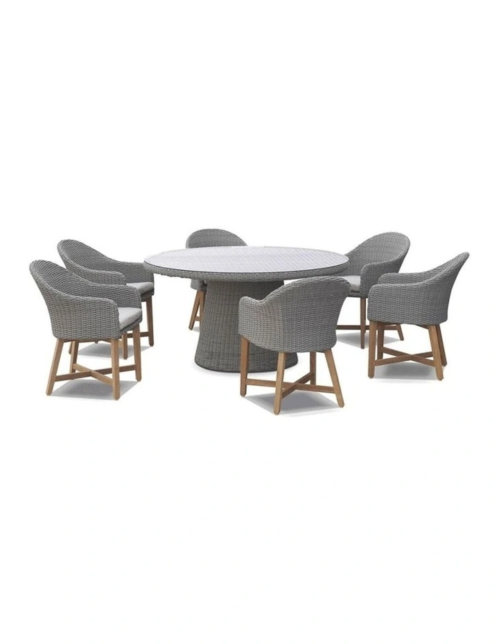 Plantation 6 Seater Dining Table Brushed Grey With Coastal Outdoor Wicker Chairs & Denim Cushions image 1