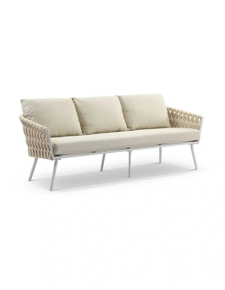 Lismore 3 Seater Outdoor Aluminium and Rope Lounge White & Cream/White Cushions image 1