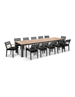 Balmoral 3.55m Outdoor Teak Top Aluminium Table Charcoal With 12 Capri Chairs & Denim Grey Cushions
