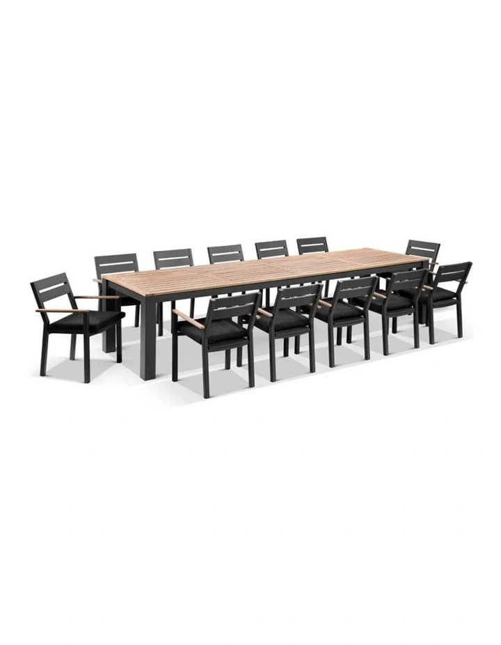 Balmoral 3.55m Outdoor Teak Top Aluminium Table Charcoal With 12 Capri Chairs & Denim Grey Cushions image 1