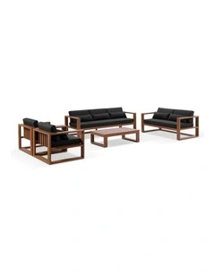Santorini 3 2 1 1 Outdoor Aluminium Lounge Set Teak Look With Coffee Table & Denim Grey Cushions