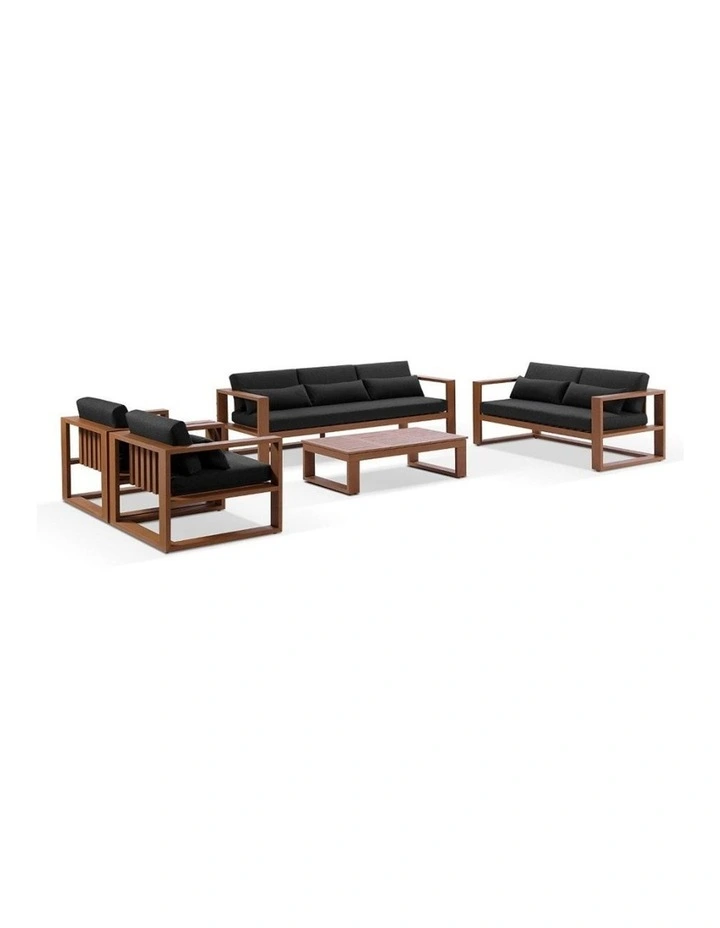 Santorini 3 2 1 1 Outdoor Aluminium Lounge Set Teak Look With Coffee Table & Denim Grey Cushions image 1