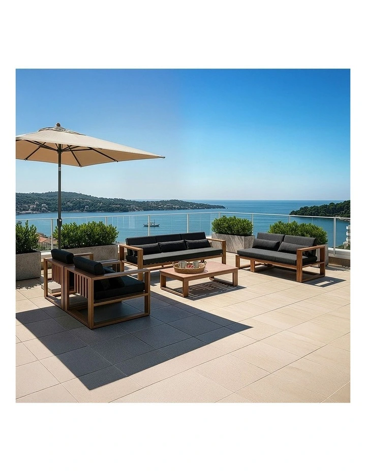 Santorini 3 2 1 1 Outdoor Aluminium Lounge Set Teak Look With Coffee Table & Denim Grey Cushions image 2