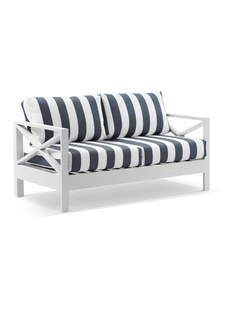 Kansas 2 seater Outdoor Aluminium Lounge White & Navy Stripe Cushions