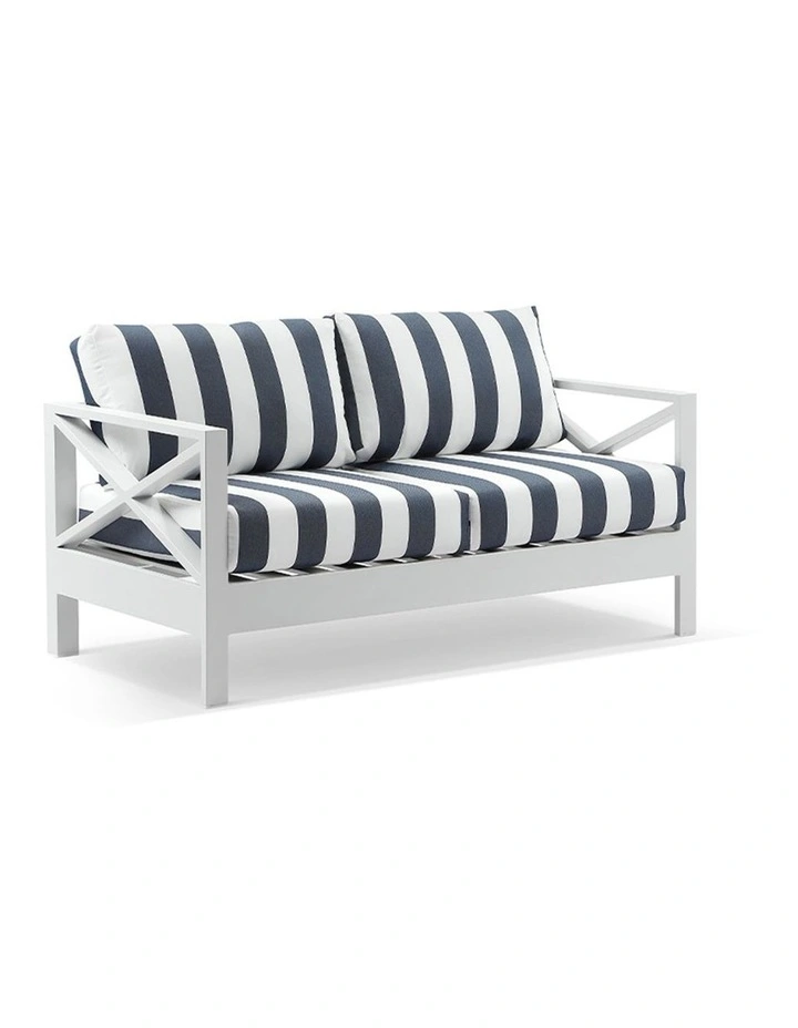 Kansas 2 seater Outdoor Aluminium Lounge White & Navy Stripe Cushions image 1