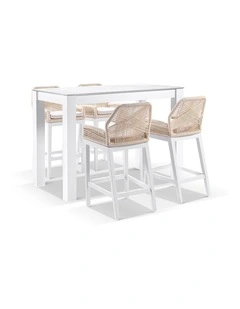 Hugo Ceramic 1.5m Aluminium Bar Table White With 4 Rope Stools & Cream Rope/Cream Cushions