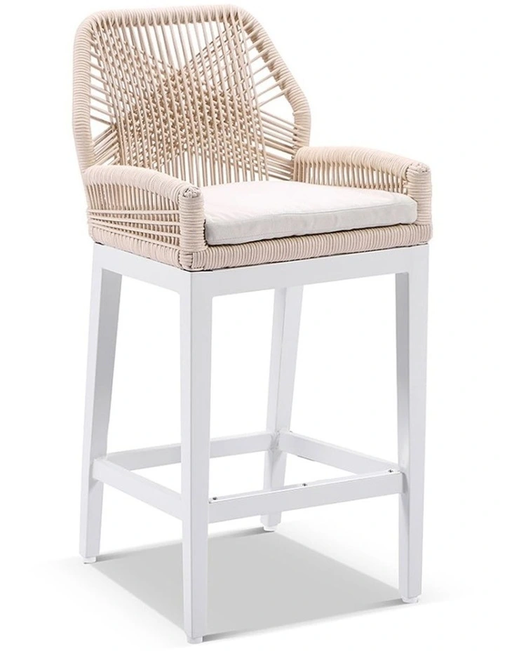 Hugo Ceramic 1.5m Aluminium Bar Table White With 4 Rope Stools & Cream Rope/Cream Cushions image 2
