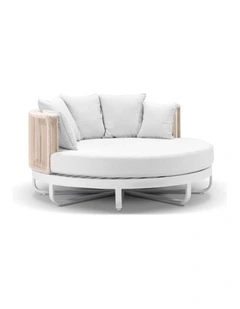 Cannes Outdoor Round Aluminium and Rope Daybed Sun Lounge White & Cream Rope/Olefin Grey Cushions