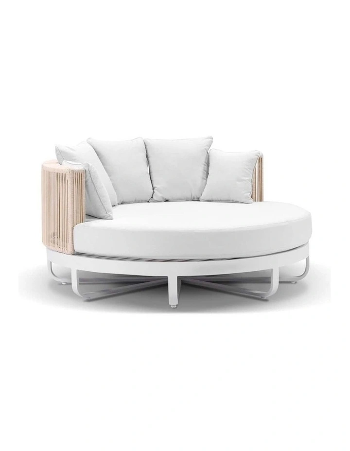 Cannes Outdoor Round Aluminium and Rope Daybed Sun Lounge White & Cream Rope/Olefin Grey Cushions image 1
