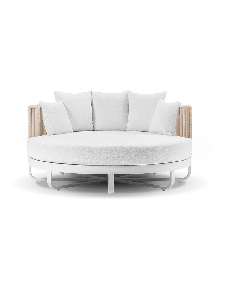 Cannes Outdoor Round Aluminium and Rope Daybed Sun Lounge White & Cream Rope/Olefin Grey Cushions image 2