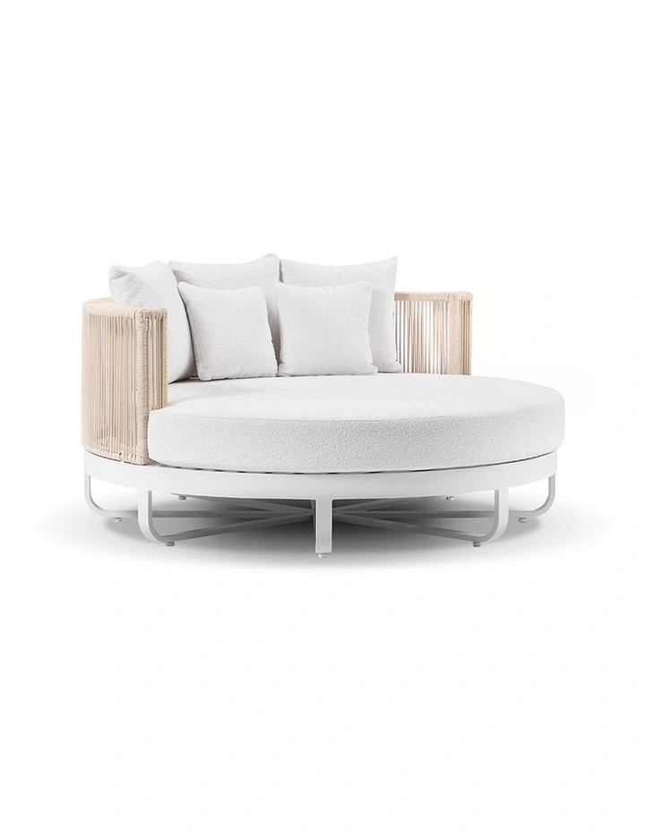 Cannes Outdoor Round Aluminium and Rope Daybed Sun Lounge White & Cream Rope/Olefin Grey Cushions image 3