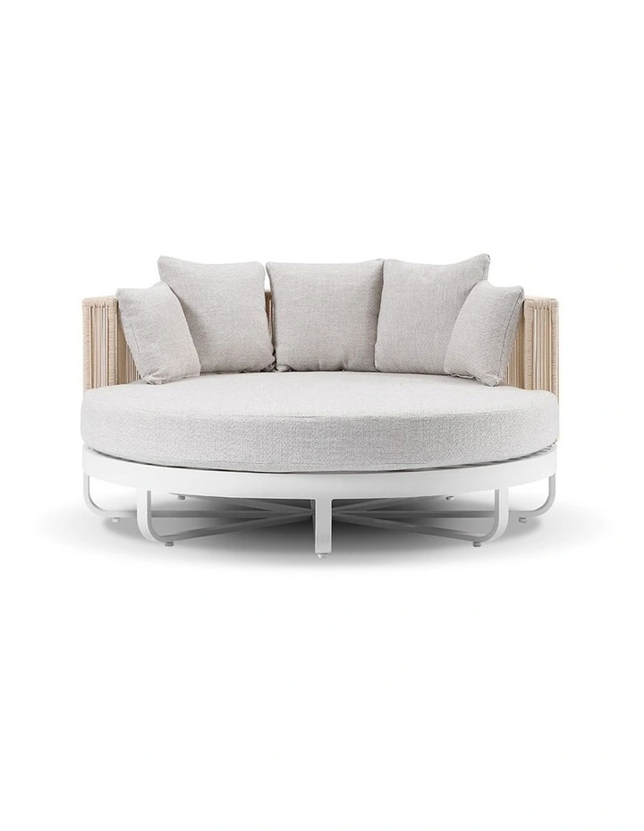 Cannes Outdoor Round Aluminium and Rope Daybed Sun Lounge White & Cream Rope/Olefin Grey Cushions image 4