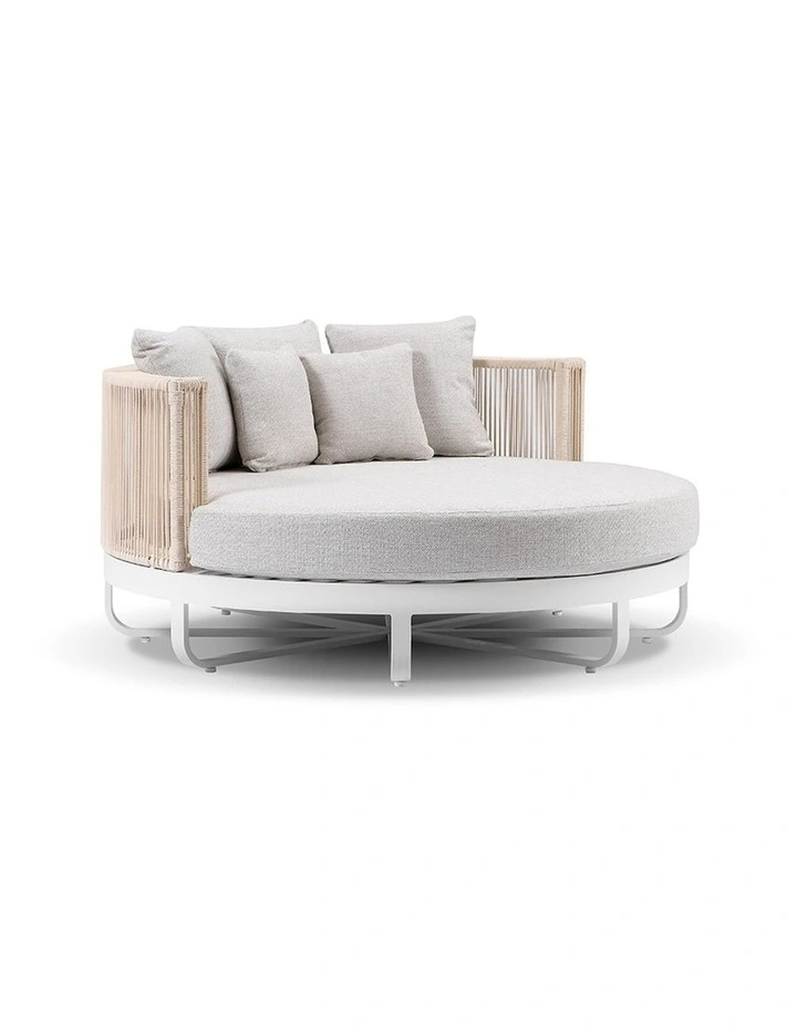 Cannes Outdoor Round Aluminium and Rope Daybed Sun Lounge White & Cream Rope/Olefin Grey Cushions image 5