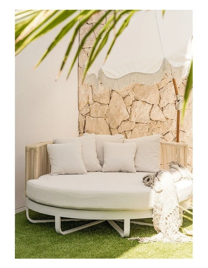 Cannes Outdoor Round Aluminium and Rope Daybed Sun Lounge White & Cream Rope/Olefin Grey Cushions image 7