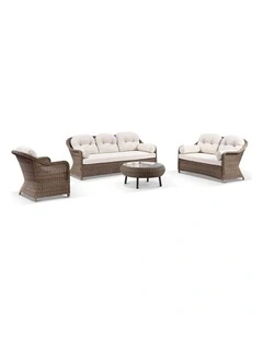 Plantation Outdoor Wicker 3 2 1 1 Seater Lounge Set Brushed Wheat With Coffee Table & Cream Cushions