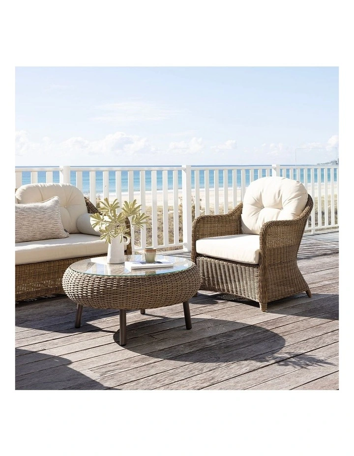 Plantation Outdoor Wicker 3 2 1 1 Seater Lounge Set Brushed Wheat With Coffee Table & Cream Cushions image 6