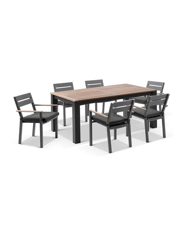 Balmoral 1.8m Teak Top Aluminium Table Charcoal With 6 Capri Dining Chairs & Denim Grey Cushions image 1