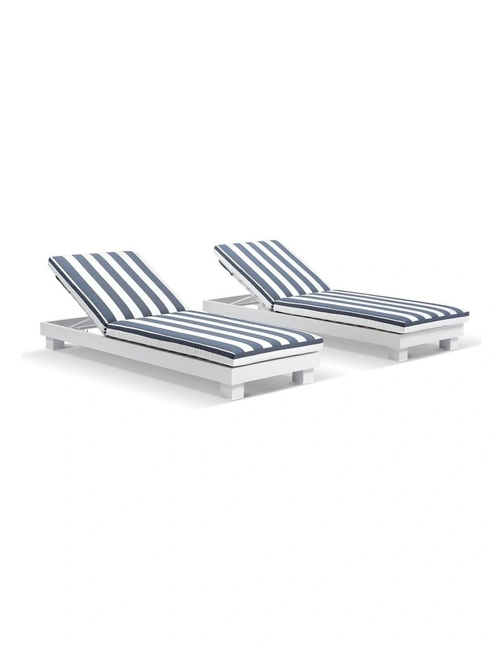 Santorini Outdoor Aluminium Pool Sun Lounge Set White & Navy Stripe Cushions image 1
