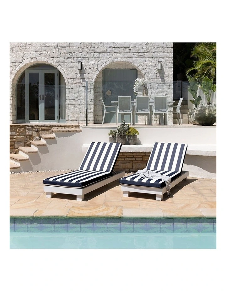 Santorini Outdoor Aluminium Pool Sun Lounge Set White & Navy Stripe Cushions image 2