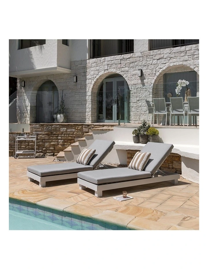 Santorini Outdoor Aluminium Pool Sun Lounge Set White & Navy Stripe Cushions image 3