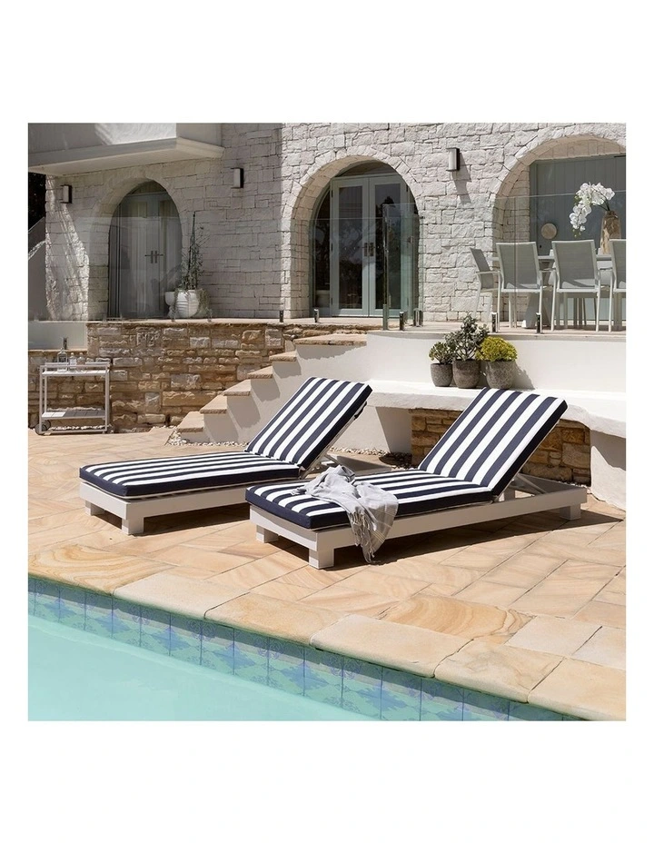 Santorini Outdoor Aluminium Pool Sun Lounge Set White & Navy Stripe Cushions image 4