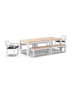 Balmoral 2.5m Teak Top Aluminium Table White With 4 Bench Seats & 2 Chairs Denim Grey Cushions