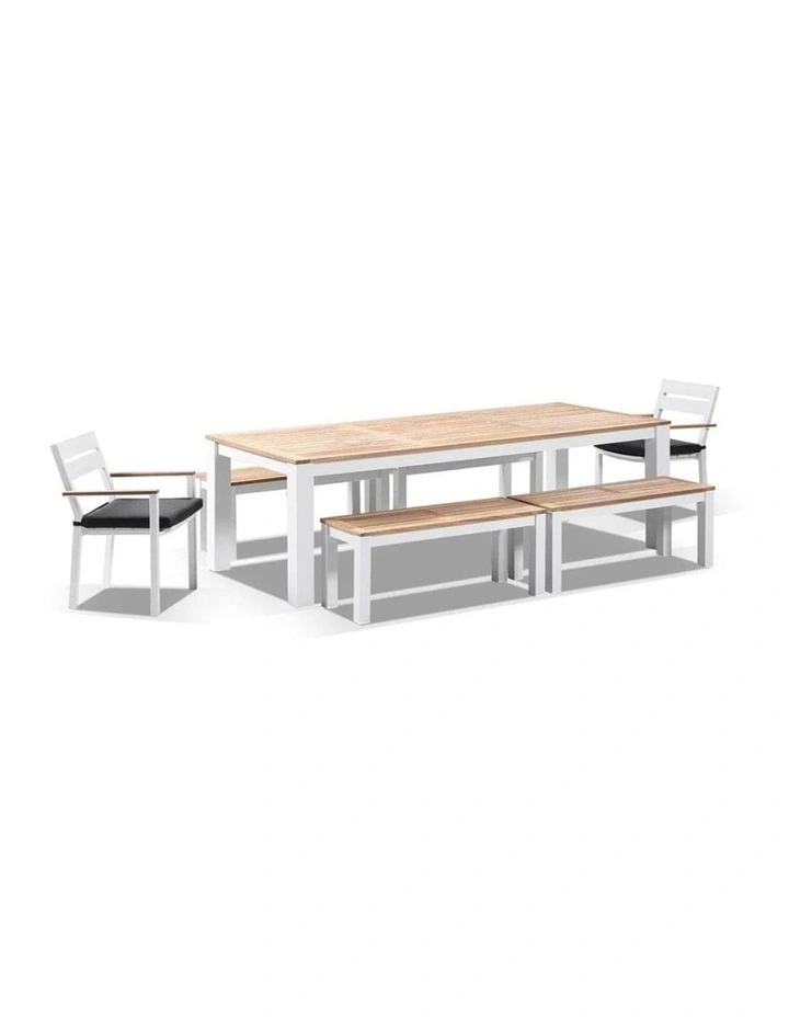 Balmoral 2.5m Teak Top Aluminium Table White With 4 Bench Seats & 2 Chairs Denim Grey Cushions image 1