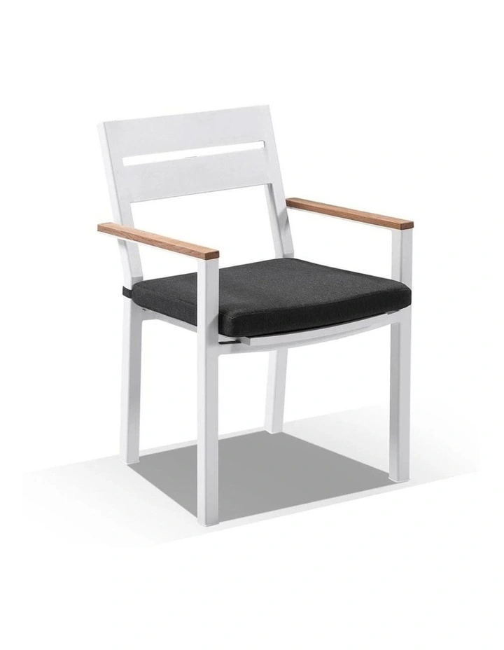 Balmoral 2.5m Teak Top Aluminium Table White With 4 Bench Seats & 2 Chairs Denim Grey Cushions image 2