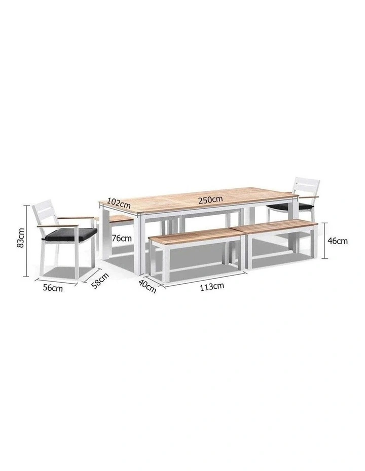 Balmoral 2.5m Teak Top Aluminium Table White With 4 Bench Seats & 2 Chairs Denim Grey Cushions image 5