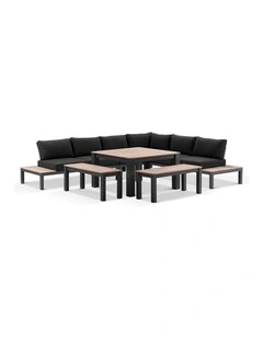 Nova Outdoor Aluminium Lounge and Dining Setting Charcoal With Single Modular & Denim Grey Cushions