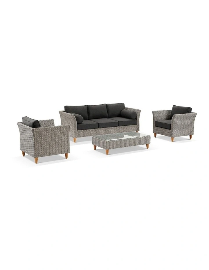 Carolina 3 1 1 Seater Outdoor Wicker Lounge Set Brushed Grey With Coffee Table & Denim Cushions image 1