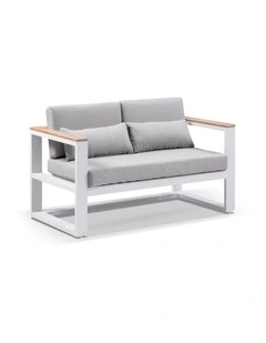Balmoral 2 Seater Outdoor Aluminium and Teak Lounge White & Textured Olefin Grey Cushions