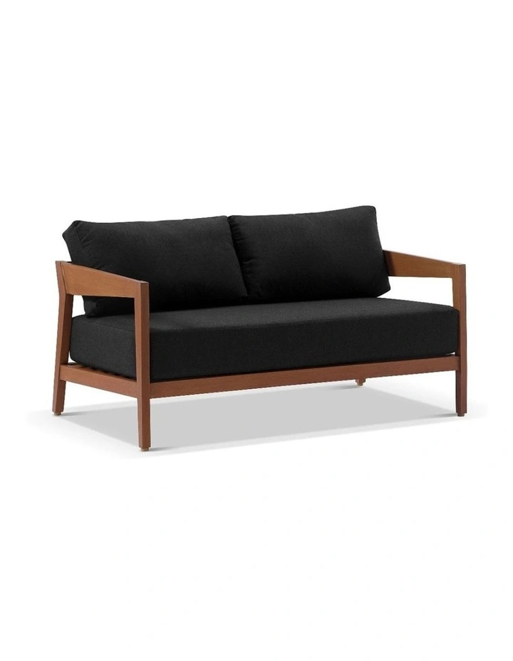 Bronte 2 Seater Outdoor Aluminium Lounge Teak Look & Denim Grey Cushions image 1