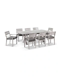 Aged Teak look Tahitian 2.1m Aluminium Dining Setting with Santorini Chairs