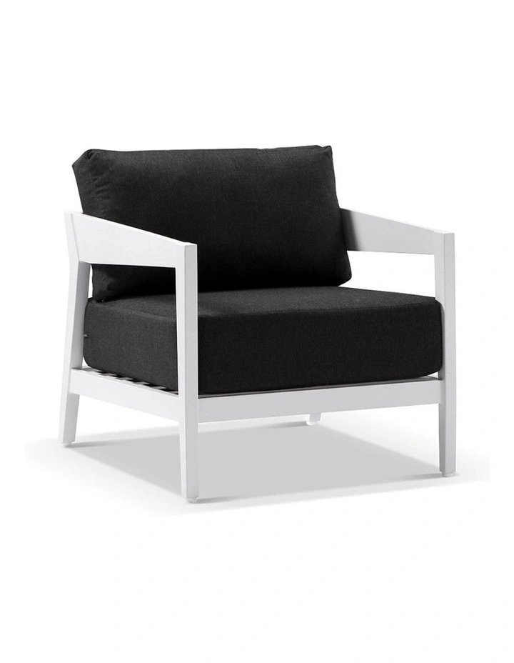 Bronte 1 Seater Outdoor Aluminium Lounge White & Denim Grey Cushions image 1