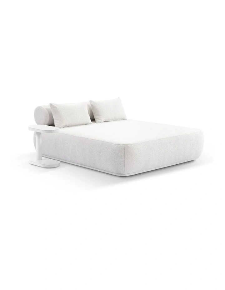 Norfolk Outdoor Aluminium Double Sun Lounge Daybed White With Side Table & Boucle Cream Cushions image 1