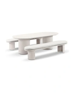 Aria Outdoor 2.4m Ceramic Table Top Dining Setting Light Dune With Benches & Sandstone Cushions