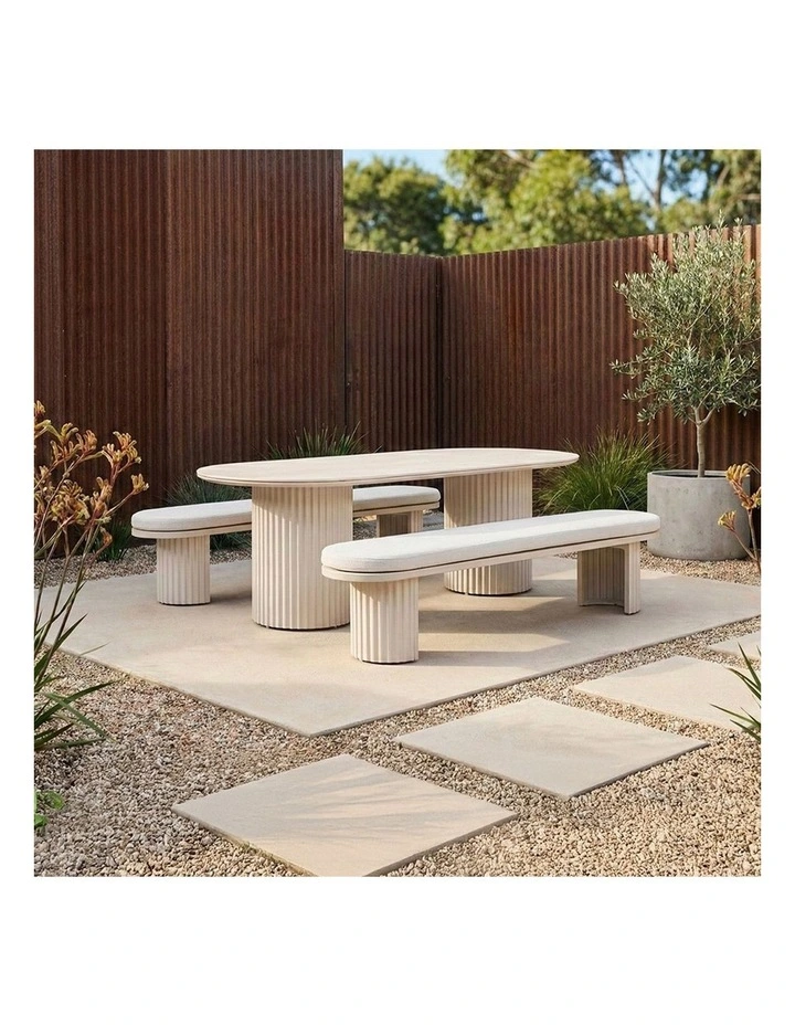Aria Outdoor 2.4m Ceramic Table Top Dining Setting Light Dune With Benches & Sandstone Cushions image 2