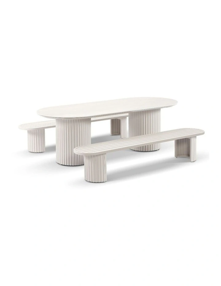 Aria Outdoor 2.4m Ceramic Table Top Dining Setting Light Dune With Benches & Sandstone Cushions image 3