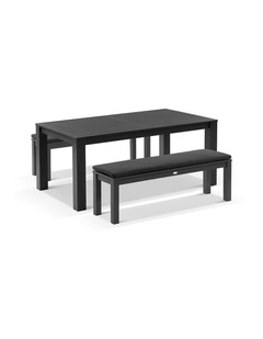 Santorini 1.8m Rectangle Aluminium Dining Table Charcoal With 2 Bench Seats & Denim Grey Cushions