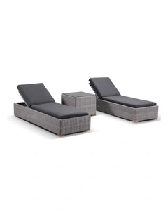Breeze Outdoor Wicker Sun Lounge Set Brushed Grey With Side Table in Half Round & Denim Cushions