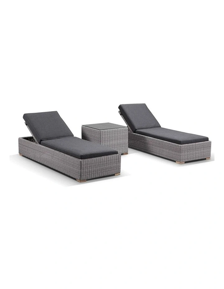 Breeze Outdoor Wicker Sun Lounge Set Brushed Grey With Side Table in Half Round & Denim Cushions image 1